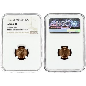 Lithuania 10 Centų 1991 Obverse: National arms. Reverse: Value. Bronze. KM 88. NGC MS 65 RD