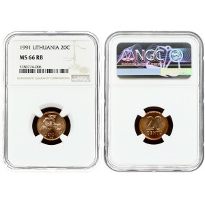 Lithuania 20 Centų 1991 Obverse: National arms. Reverse: Value. Bronze. KM 89. NGC MS 66 RB TOP POP