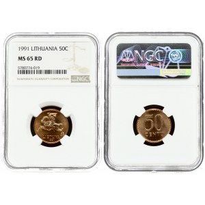 Lithuania 50 Centų 1991 Obverse: National arms. Reverse: Value. Bronze. KM 90. NGC MS 65 RD