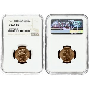 Lithuania 50 Centų 1991 Obverse: National arms. Reverse: Value. Bronze. KM 90. NGC MS 64 RD