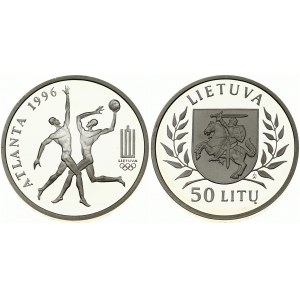 Lithuania 50 Litų 1996LMK Atlanta. Obverse: National arms flanked by sprigs. Reverse: Basketball players...