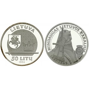 Lithuania 50 Litų 1996LMKMindaugas the King of Lithuania. Obverse: National arms at upper left within patterned circle...