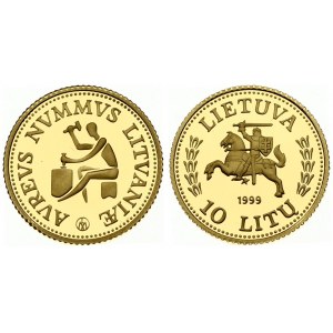 Lithuania 10 Litų 1999 Lithuanian gold coinage. Obverse: National arms. Reverse: Medieval minter. Gold; 1.244g. KM 120...