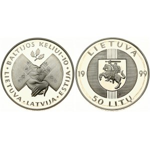 Lithuania 50 Litų 1999 10th Anniversary - Baltic Way Highway. Obverse: National arms within circle divides date...