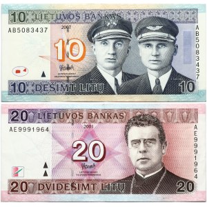 Lithuania 10 & 20 Litu 2001 & 2007 Banknote. Lietuvos Bankas  Pick# 66; 68. № AE9991964 & AB5083437...