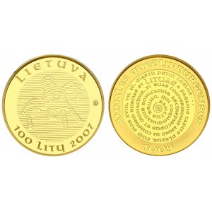 Lithuania 100 Litų 2007 Use of the Name Lithuania Millenium. Obverse: Linear National Arms. Reverse: Circular Legend...