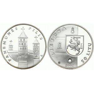 Lithuania 50 Litų 2007 Panemune Castle. Obverse: Shield and fortress detail. Reverse: Castle towers. Silver. KM 150...