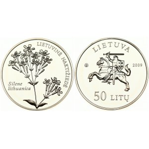 Lithuania 50 Litų 2009LMK Nature Naktiziede. Obverse: Knight on horseback left. Reverse: Flowers. Silver. KM 165...