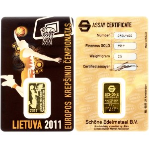 Lithuania European Men's Basketball Championship Lithuania Medal 2011 EuroBasket. Mintage 400 pcs. Gold 2.5g. (999)...