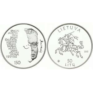 Lithuania 50 Litų 2012 Maironis 150th Anniversary of Birth. Obverse: Vytis. Reverse: Maironis and text. Silver. KM 192...