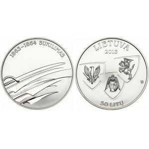 Lithuania 50 Litų 2013 Uprising of 1863-64. Obverse: Three shields. Reverse: Swords. Silver. KM 197. With Box ...