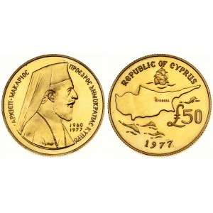 Cyprus 50 Pounds 1977 Obverse: Archbishop Makarios right; two dates. Reverse: Ship above map; dolphins...