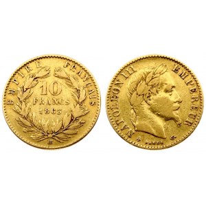 France 10 Francs 1863BB Napoleon III(1852-1870). Obverse: Laureate head right. Reverse: Denomination within wreath...