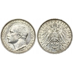 Germany HESSE-DARMSTADT 3 Mark 1910A Ernst Ludwig(1892-1918). Obverse: Head left. Reverse: Crowned imperial eagle...