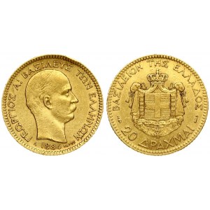 Greece 20 Drachmai 1884A George I(1863 – 1913). Obverse: Old head right. Reverse: Arms within crowned mantle. Gold...