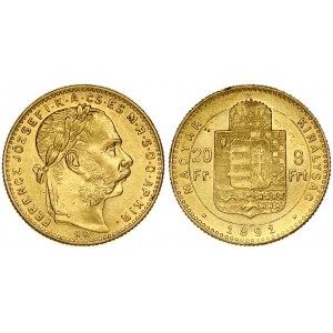 Hungary 8 Forint 20 Francs 1891KB  Franz Joseph I(1848-1916). Obverse: Laureate head; right. Reverse...