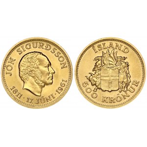 Iceland 500 Krónur 1961 Jon Sigurdsson Sesquicentennial. Obverse: Arms with supporters. Reverse: Head right. Gold 8.94g...