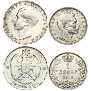 Serbia & Yugoslavia 1 Dinar 1915 & 20 Dinara 1938. Obverse: Head right with designer's name below neck. Reverse...