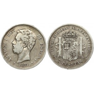 Spain 5 Pesetas 1871 (71) SD-M Amadeao I(1871-1873). Obverse: Head left. Obverse Legend: AMADEO I REY... Reverse...