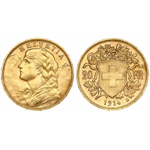 Switzerland 20 Francs 1914B Obverse: Young head left. Obverse Legend: HELVETIA. Reverse...