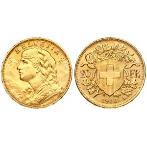 Switzerland 20 Francs 1915B Obverse: Young head left. Obverse Legend: HELVETIA. Reverse...