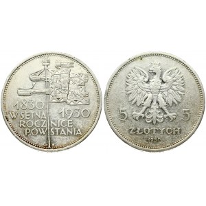 Poland 5 Zlotych 1930(w) Centennial of 1830 Revolution. Obverse: Crowned eagle with wings open flanked by value...