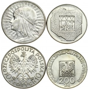 Poland 10 Zlotych 1932 & 200 Zlotych 1974MW 30th Anniversary - Polish Peoples Republic. Obverse: National arms...