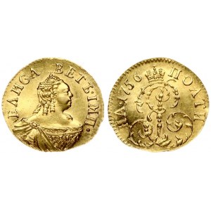 Russia 1 Poltina 1756 Elizabeth (1741-1762). Obverse: Crowned bust right. Reverse: Crowned monogram. Gold; 0.83g...
