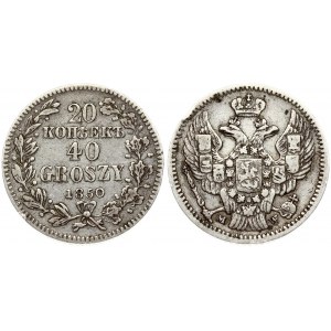 Russia For Poland 20 Kopecks - 40 Groszy 1850 MW Nicholas I (1826-1855). Obverse: Shield within wreath on breast...