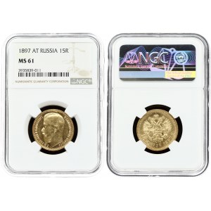 Russia 15 Roubles 1897 (АГ) St. Petersburg. Nicholas II (1894-1917). Obverse: Head left. Reverse: Crowned double...