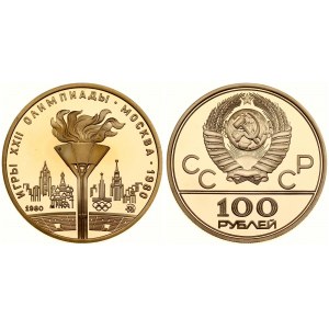 Russia 100 Roubles 1980(M) 1980 Olympics. Obverse: National arms divide CCCP with value below. Reverse: Torch. Gold 17...