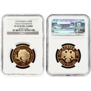Russia 100 Roubles 1992 Yakutia. Obverse: Double-headed eagle. Reverse: Wooly Mammoth within radiant map. Gold 17.28g...