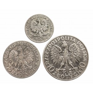 Polska, II Rzeczpospolita (1918-1939), zestaw: 2, 5, 10 złotych z kobietą, 1932-1933