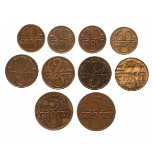 Polska, II Rzeczpospolita (1918-1939), zestaw 10 monet groszowych, komplet 1930, 1931, 1932, 1933.