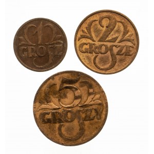 Polska, II Rzeczpospolita (1918-1939), zestaw 3 monet groszowych, komplet 1934 z najrzadszą monetą 5 groszy.