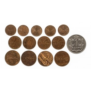 Polska, II Rzeczpospolita (1918-1939), zestaw 14 monet, komplet 1936, 1937, 1938, 1939 plus bonus.