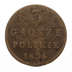 Königreich Polen, Nikolaus I. (1825-1855), 3 polnische Pfennige 1834 KG, Warschau.