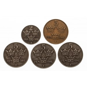 Szwecja, zestaw 5 szt. monet 5 i 2 ore 1916-1950