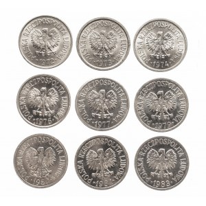 Polska, PRL (1944-1989), ciekawy zestaw 9 roczników monet 10-cio groszowych