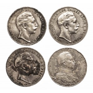 Niemcy, Cesarstwo Niemieckie (1871-1918), Prusy, Wilhelm II 1888 - 1918, zestaw 4 monet, 3 marki A, Berlin.