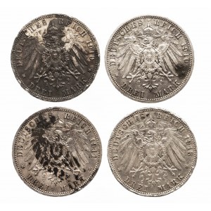 Niemcy, Cesarstwo Niemieckie (1871-1918), Prusy, Wilhelm II 1888 - 1918, zestaw 4 monet, 3 marki A, Berlin.