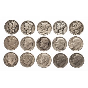 Stany Zjednoczone Ameryki (USA), zestaw 15 srebrnych dziesięciocentówek 1937-1965.