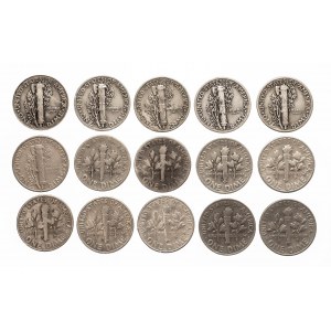 Stany Zjednoczone Ameryki (USA), zestaw 15 srebrnych dziesięciocentówek 1937-1965.