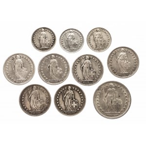 Szwajcaria, zestaw 10 monet 1/2, 1 i 2 franki 1907-1958, srebro.