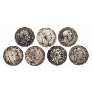 Niemcy, Cesarstwo Niemieckie (1871-1918), Prusy, Wilhelm I 1861 - 1888,Wilhelm II 1888 - 1918 zestaw 7 monet, 5 marki, 1876-1907