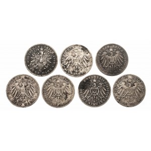 Niemcy, Cesarstwo Niemieckie (1871-1918), Prusy, Wilhelm I 1861 - 1888,Wilhelm II 1888 - 1918 zestaw 7 monet, 5 marki, 1876-1907