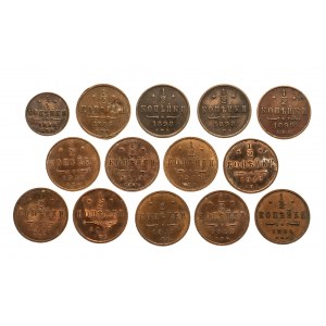Rusko, sada 14 měděných mincí v ryzosti 1886-1914