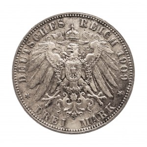 Německo, Německé císařství (1871-1918), Sasko, Fridrich August III (1904-1918), 3 marky 1909 E, Muldenhütten