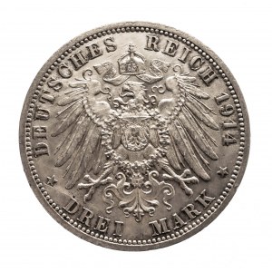 Niemcy, Cesarstwo Niemieckie (1871-1918), Prusy, Wilhelm II 1888-1918, 3 marki 1914 A, popiersie cesarza w mundurze, Berlin.