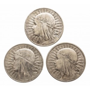 Polska, II Rzeczpospolita (1918-1939), zestaw 3 monet 10 złotych 1932 głowa kobiety, Warszawa, Londyn.